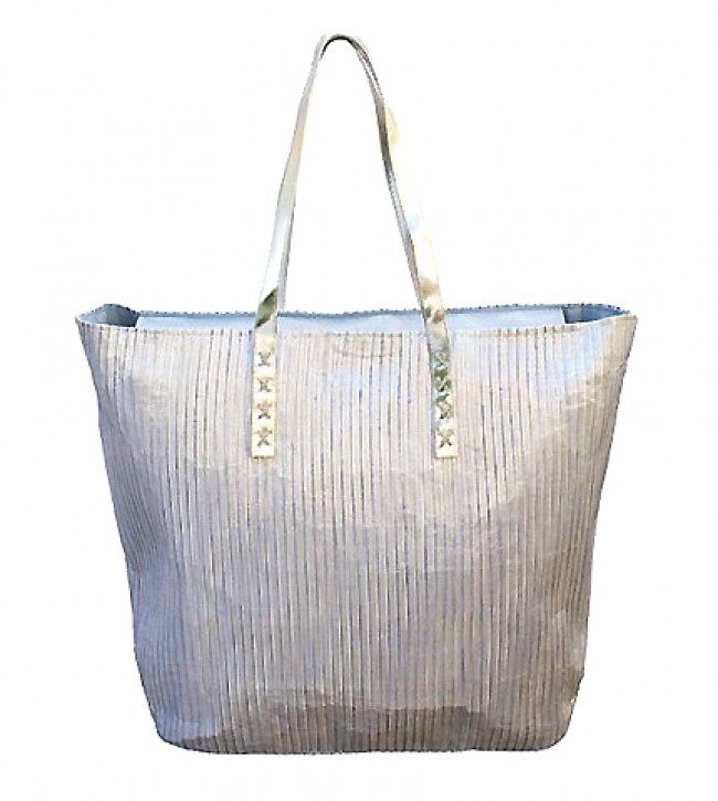 Straw Tote: Metallic Accent Stripes - Silver - BG-ST5362SV